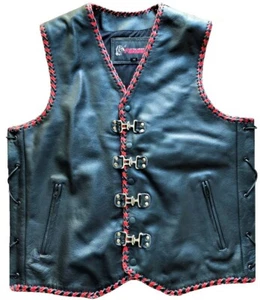 Motorcycle Leather Vest Buckles Biker Rider Snaps Motorbike Red Braid Bike Vest - Picture 1 of 3