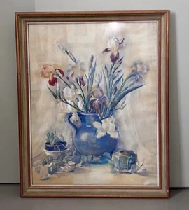 LARGE VINTAGE STILL LIFE WATERCOLOR PAINTING WITH IRISES - Picture 1 of 11
