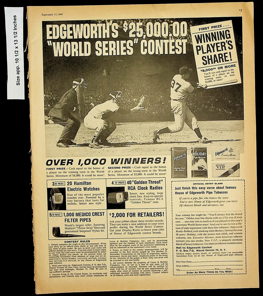 1960 Edgeworth's Tobacco Serie Mundial Concurso Béisbol Vintage Anuncio Impreso 13517 Foto 1 de 1