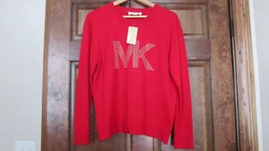 MICHAEL KORS PURPURROT LS RUNDHALSAUSSCHNITT Gr. Lg GOLDFARBEN NIETEN LOGO PULLOVER OBERTEIL NEU MIT ETIKETT - Bild 1 von 16