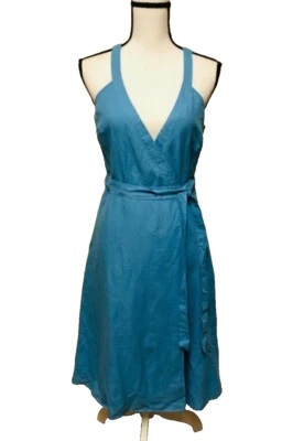 J. Vestido cruzado Crew con cinturón en lino elástico azul tropical sin mangas talla S Foto 1 de 4