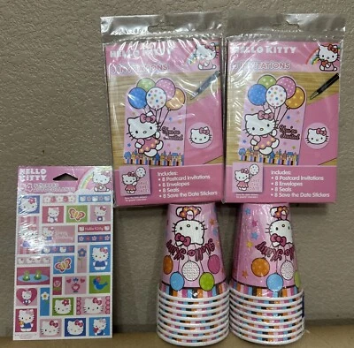 Hello Kitty Invitaciones de Fiesta de Cumpleaños Paquete de 2 8 Tarjetas, Paquete de 2 Tazas y Palo de Fiesta Foto 1 de 4