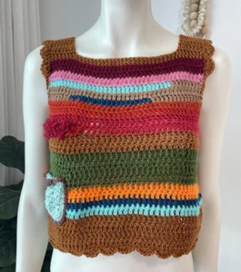 Boho Handmade Crochet Crop Vest Trendy Layering Piece Small Size - Picture 1 of 16