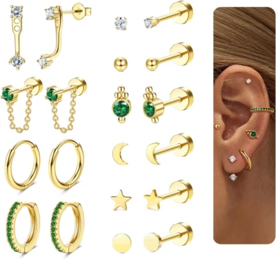 Dainty Gold Flat Back Earrings Hypoallergenic Cartilage Earring Sets for Multipl - Image 1 of 4