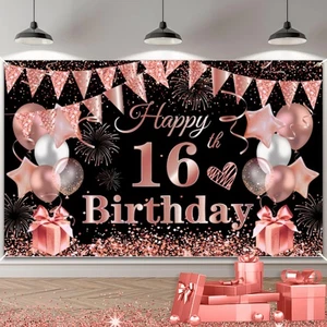 Happy 16Th Birthday Backdrop Banner Girl Sweet 16 Fabric Party Supplies Copper - Picture 1 of 9