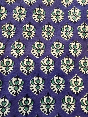 Purple Green Color Ajrakh Floral Print Fabric Indian 100% Cotton Light 1 1/2yd - Image 1 of 4