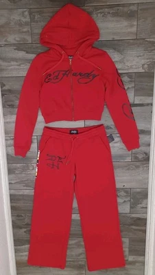 NUEVO CON ETIQUETAS ED HARDY Conjunto de Pantalones con Capucha Mujer L Rojo Y2K Recorto Corazón Roto Cuento de Hadas Foto 1 de 4