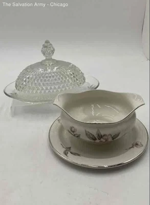 Porcelana floral branca barco molho decorativo e prato de manteiga de vidro - Imagem 1 de 4