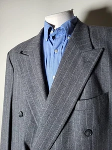Vtg 48R 48S Gray Chalk Striped Double Breasted Flannel Blazer Sport Jacket peak - Picture 1 of 10