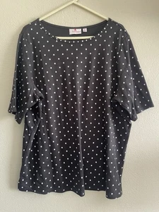 Quacker Factory 2X Camicia Top Nero Bianco Pois Impreziosito Manica Corta - Foto 1 di 9