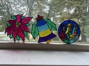 3 Vtg Christmas Ornaments Leaded Stained Glass Sun Catcher 3 Kings Poinsettia - Picture 1 of 5