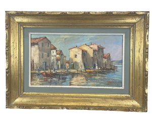 Pintura al óleo firmada "TM" de la escena de la ciudad costera italiana/sur de Francia c 1950s-60s - Imagen 1 de 9