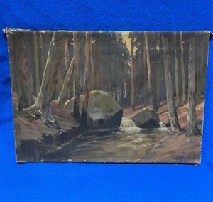 Gemälde Landschaft Wald mit Bach undeutlich signiert - Bild 1 von 17