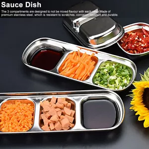 Stainless Steel Three Grid Sauce Dish Seasoning Dish Snack Plate Food Dipping - Picture 1 of 10
