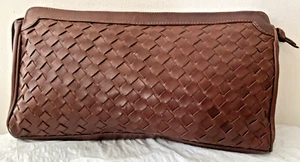 Vintage Saks Fifth Ave Weaved Brown Leather Clutch Bag Zip Lining 7"x 12" EUC - Picture 1 of 9
