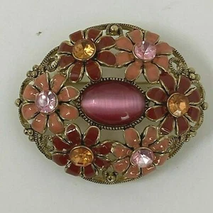 Domed Flower Pin Brooch Coral Brown and Pink Enamel with Rhinestones - Picture 1 of 5