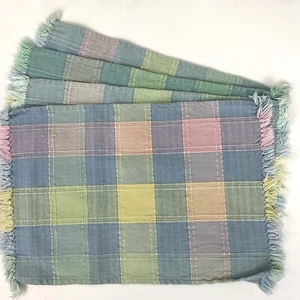 Set of 4 Vintage Cotton Fabric Soft Pastels Plaid Placemats Fringe Ends - Picture 1 of 8
