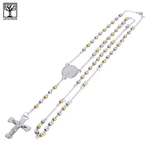 4 mm Rosary Stainless Steel G / S Guadalupe Jesus Cross 26" Necklace SPY 502 SG - Picture 1 of 3