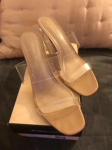 BCBG Georgie Sandal Nude Leather Heels w/ Clear Vinyl Strap & Clear Heel Sz 11 - Picture 1 of 5
