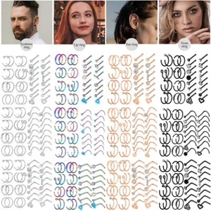 32PCS Stainless Steel Nose Ring Screw L Shape Straight Bone Stud Earring Set 20G - Picture 1 of 24