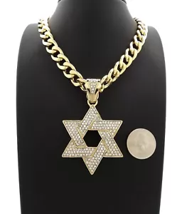 Hip Hop Full Iced Star of David Pendant 11mm 20" Cuban Link Chain Gold Plated* - Picture 1 of 6