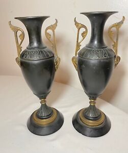 pair of antique 1800's Neoclassical gilt bronze mantle garnitures ewer vase urn 