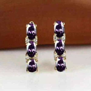 2Ct Oval Cut Lab-Created Amethyst Hoop Pretty Earrings 14K Yellow Gold Plated - Picture 1 of 7