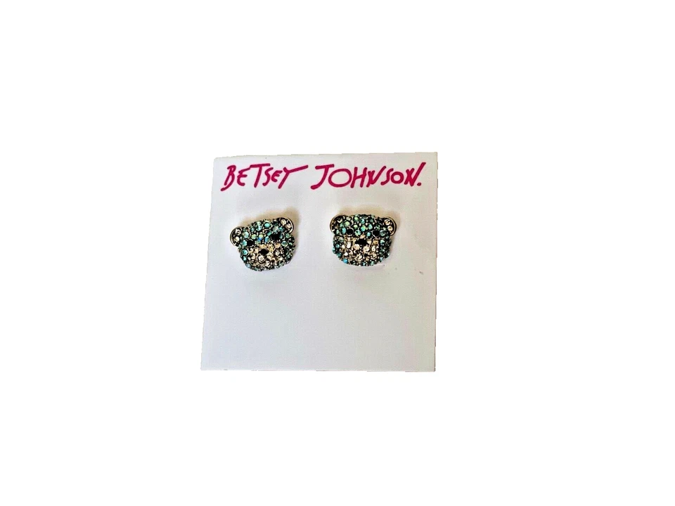 Betsey Johnson Blue Crystal Paved Teddy Bear Head Stud Earrings F202