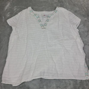 Vinyard Vines Size X-Large White Smocked V Neck Blouse Embroidered 100% Linen - Picture 1 of 8