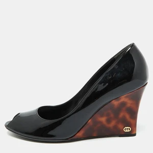 Gucci Black Patent Leather Interlocking G Peep Toe Wedge Pumps Size 40 - Picture 1 of 9
