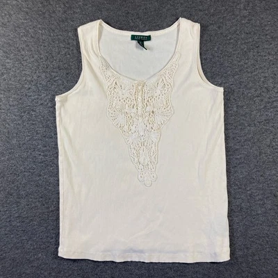 Camiseta sin mangas acanalada LAUREN RALPH LAUREN para mujer 1X detalle de encaje crochet crema boho Foto 1 de 4