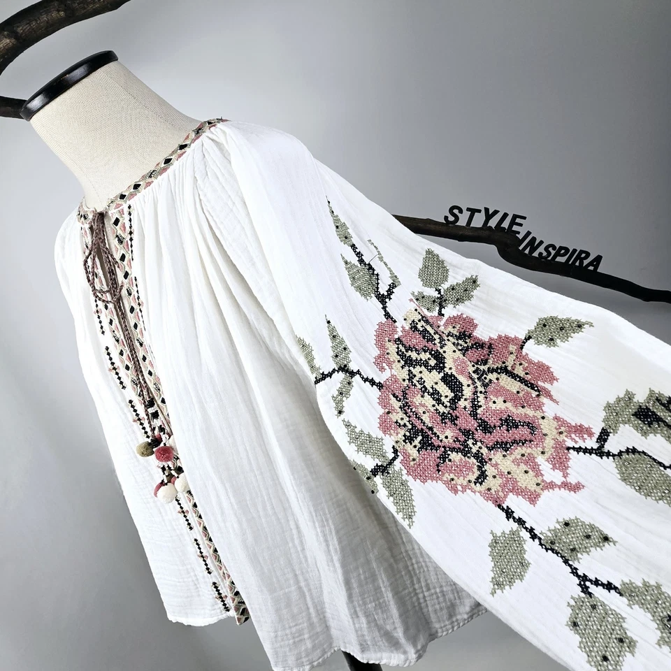 ZARA 🤍 JACKE BLUSE BESTICKT BOHO HIPPIE STICKEREI QUASTEN BAUMWOLLE - Bild 1 von 4