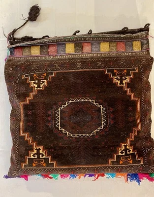 Vintage Large KILIM Pillow Hand Knotted Fold Over Saddle Bag Tassles Down 24x20” - Image 1 of 4