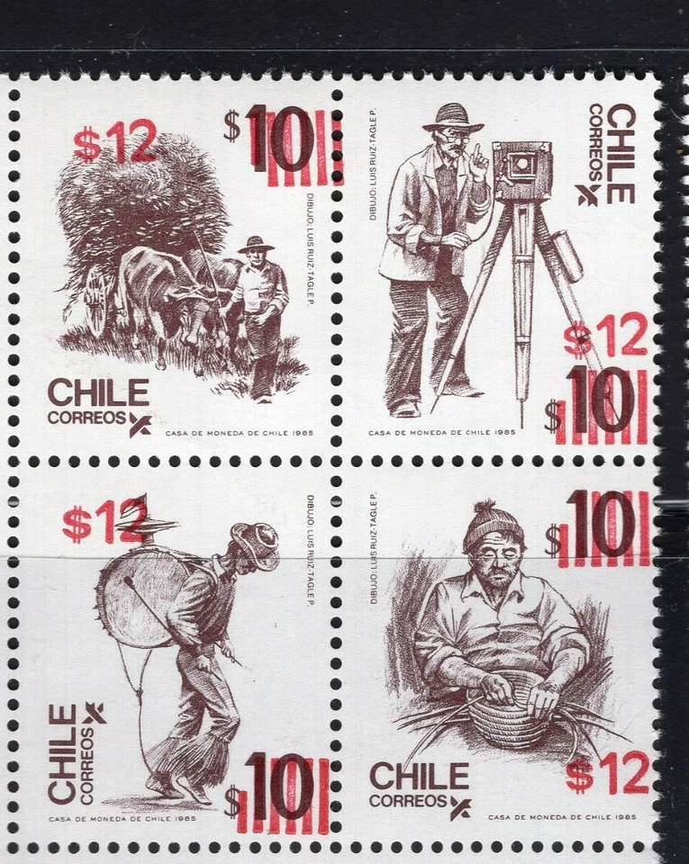 CHILE 1986 Personajes Tipicos overp. in red 12p MNH block of 4 - Image 1 of 1