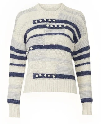 Madewell Evergreen Yarn Mix Bobble Popover Cream Ivory Navy Stripe Blue Sz Large - Image 1 of 4