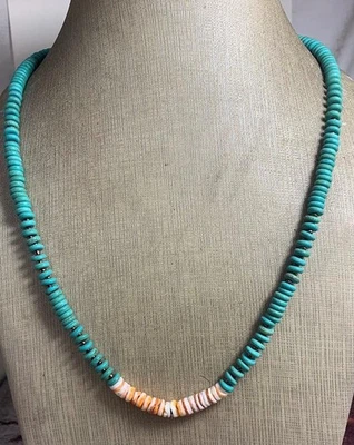 21"spiny oyster shell// Block(reconstitute) turquoise heishi necklace/(b166g-w1) - Image 1 of 2