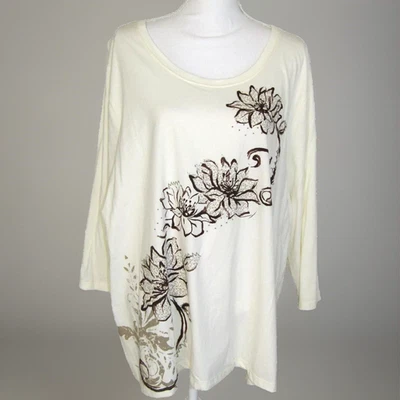 Kim Rogers Brown Floral on Cream Cotton Knit Top Size 3X New w/ Tags - Image 1 of 4