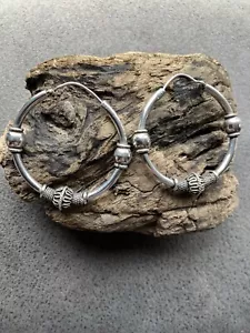 Sterling Silver Bali Style Large Hoop Earrings. - Picture 1 of 14