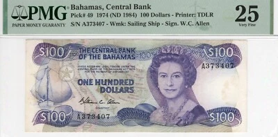 Bahamas, 100 Dollars 1974 ND (1984) P49 QEII Sign WC Allen VF25 PMG RARE - Image 1 of 2