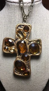 Topaz-colored plastic cross with inlaid fake stones on brass; chain adjustable - Picture 1 of 3