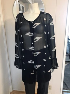 Rene Derhy Collection Damen Medium transparente Bluse schwarz weiß Rüschen unten - Bild 1 von 5