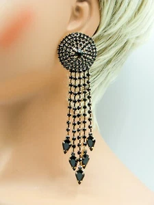 Sexy Gold Tone Dangle Drop Earrings with Oodles of Sparkly Black Crystals - Picture 1 of 2