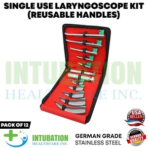Set of Fiber Optic Miller & Mac Laryngoscope Blade 2 Handles Intubation Kit - Picture 1 of 5