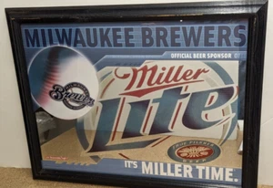 2003 MILLER LITE MILWAUKEE BREWERS BASEBALL MLB BEER FRAMED MIRROR SIGN 27" TIME - Picture 1 of 5