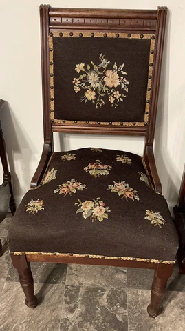 Antique Victorian MCM Carved Wood Floral Needlepoint Parlor Chair Cover