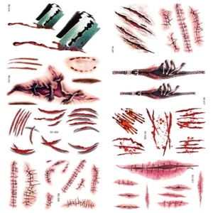 8 Sheets Halloween Zombie Scar Tattoos Fake Blood Scar Wound Costume Make-Up Kit - Picture 1 of 12
