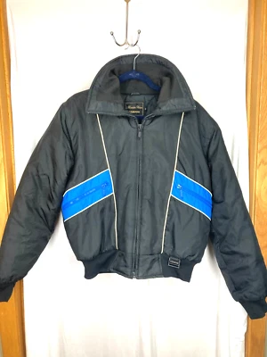 复古雅马哈 Maxim Wear 雪地摩托车夹克 M 黑色/蓝色条纹滑雪冬季外套 — 第 1/4 张图片