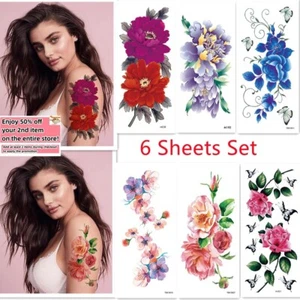 Set 6 - Adesivi Tatuaggi Temporanei Impermeabili Fiori Colorati Braccia e Body Art - Foto 1 di 9