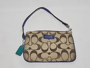 Coach Logo Brown And Blue Leather Wristlet Bag. - Picture 1 of 8