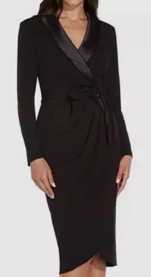 Adrianna Papell Womens' Black Long Sleeve Crepe Tuxedo Faux Wrap Dress Size 12 - Image 1 of 4